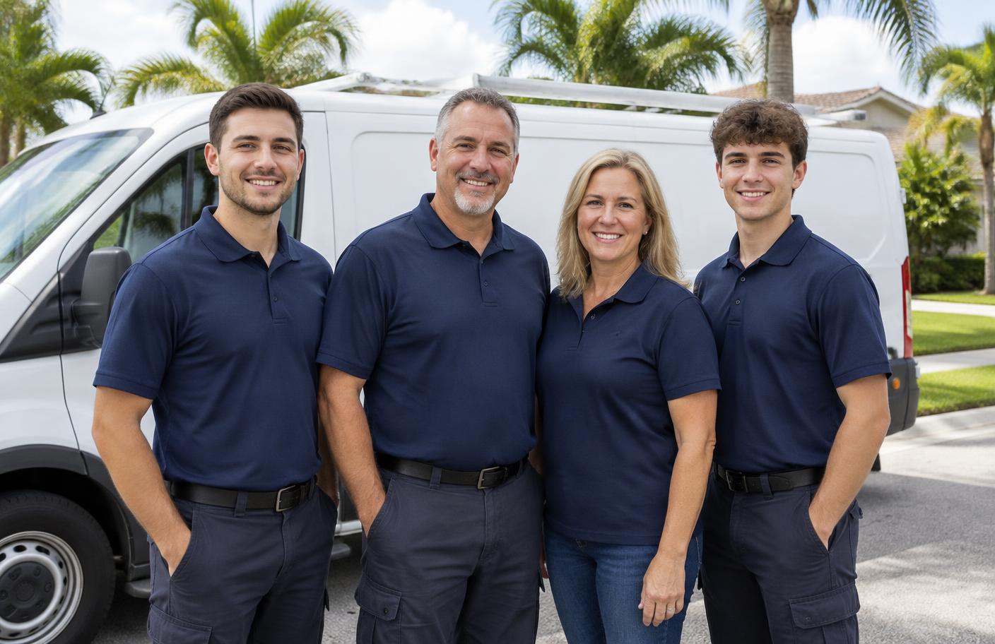 The Airwell family team in front of a service van